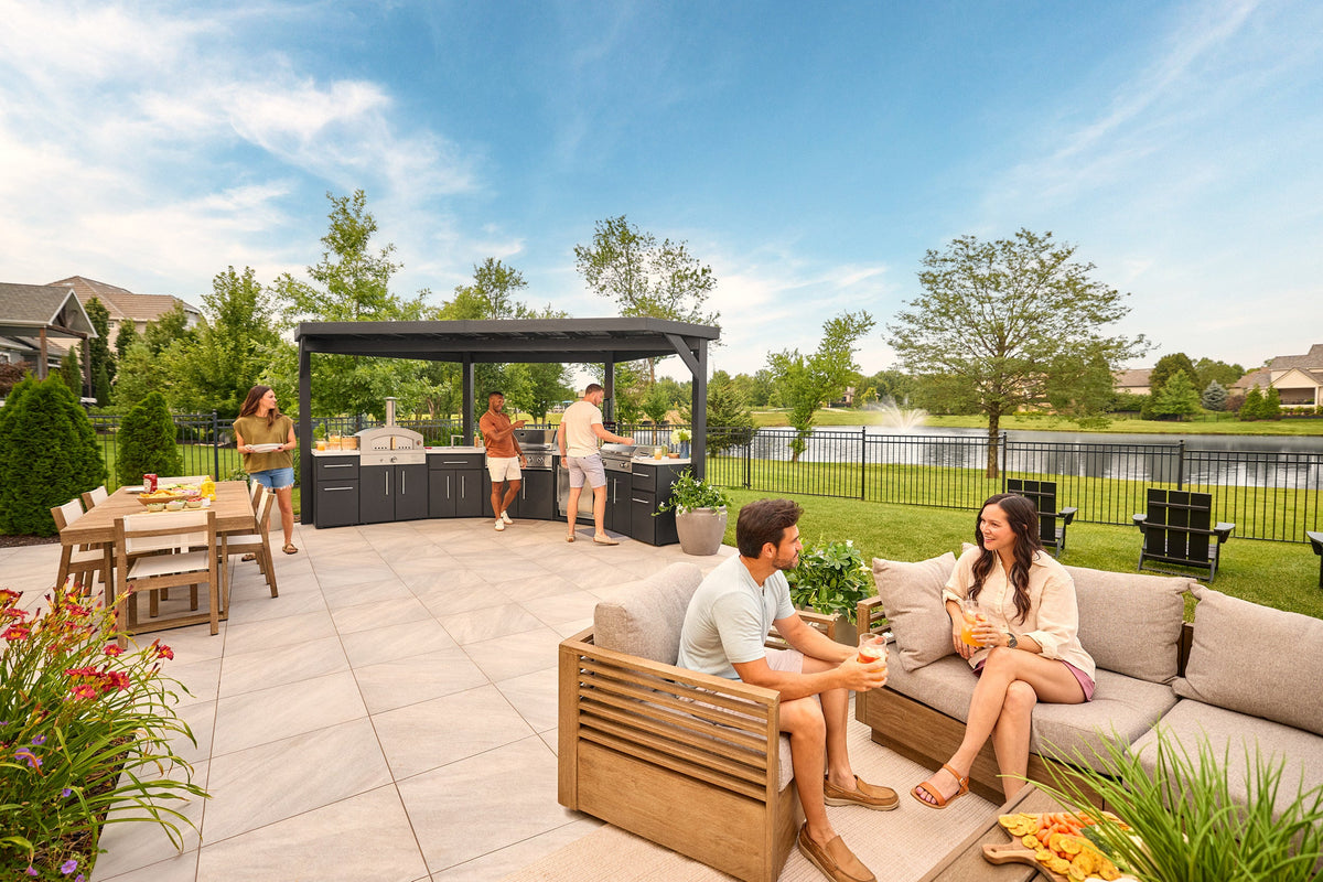 Edgemont Cove | Curved Outdoor Kitchen with Built-In Grill, Griddle & Pizza Oven