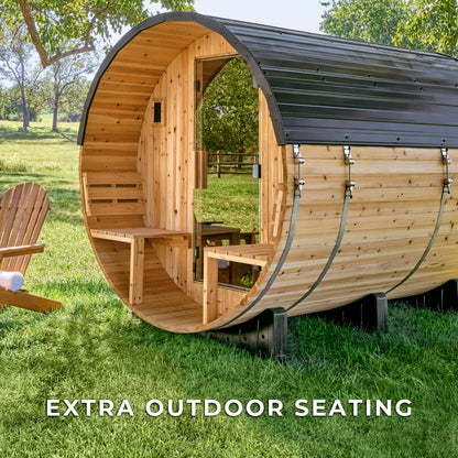 Paxton Outdoor Barrel Sauna with Porch – 4-6 Person