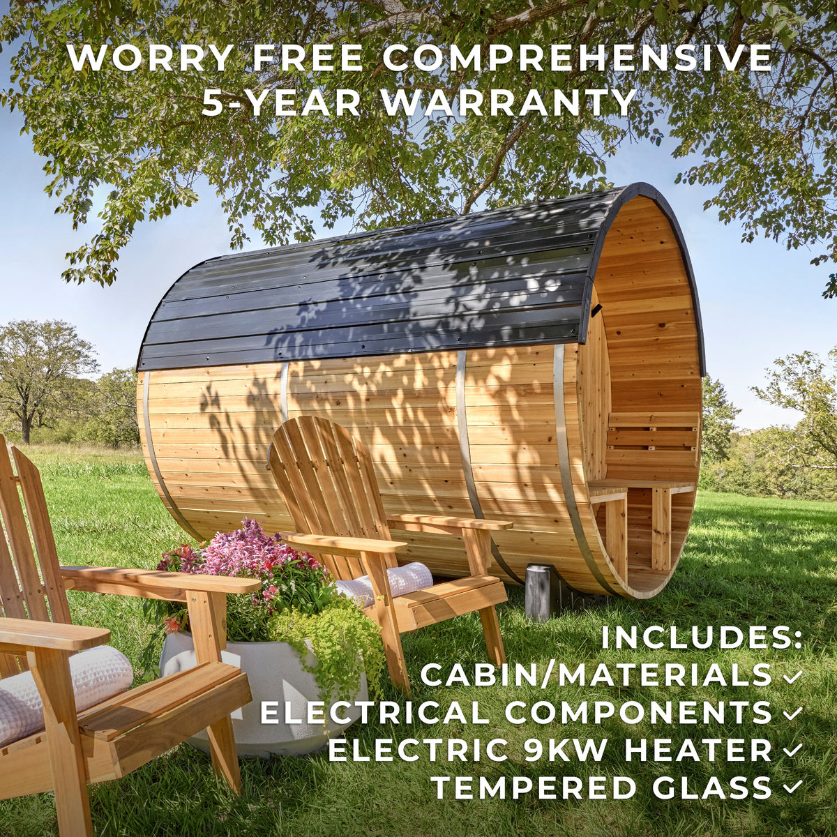 Paxton Outdoor Barrel Sauna with Porch – 4-6 Person